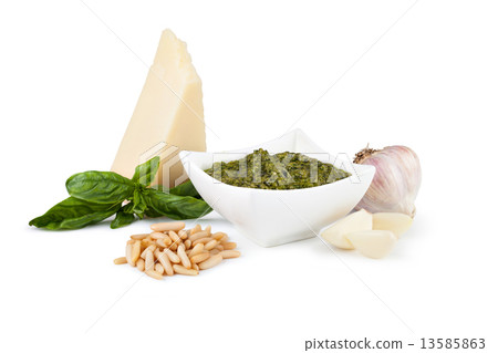Basil pesto in a small bowl 13585863