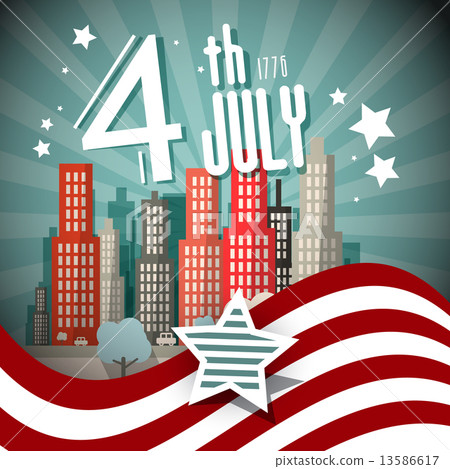 4 th July Retro Vector Illustration with Flag and City on Background 13586617