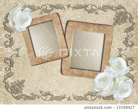 Grunge frame with roses and paper 13589427