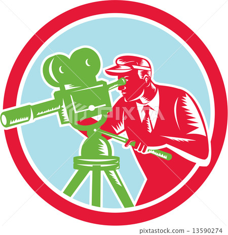 Cameraman Vintage Movie Camera Woodcut 13590274