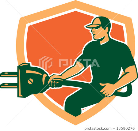 Electrician Carrying Electric Plug Shield Retro Electrician Carrying Electric Plug Shield Retro 13590276