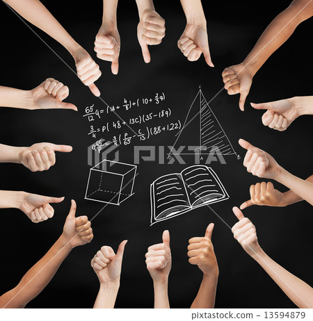 hands showing thumbs up and over math symbols hands showing thumbs up and over math symbols 13594879