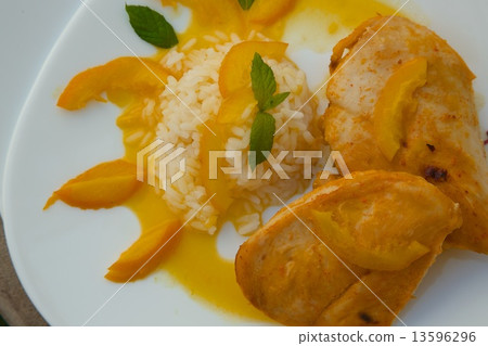 Healthy balanced lunch -chicken rice in orange sauce Healthy balanced lunch -chicken rice in orange sauce 13596296