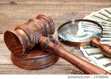 Gavel, USA Dollars and Vintage Magnifying Glass 13596686