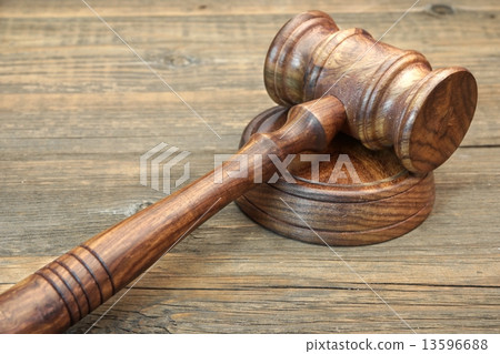 Wooden Judges Gavel and Soundboard Close-up 13596688