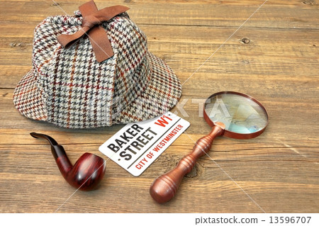 Baker Street Signboard, Sherlock Holmes Cap, Smoking Pipe and Ma 13596707
