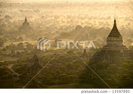 Bagan at Sunrise, from the hot air balloon, Myanmar. Bagan at Sunrise, from the hot air balloon, Myanmar. 13597895