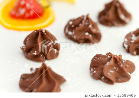 Small Tartufoes chocolate in an elegant dish. Small Tartufoes chocolate in an elegant dish. 13599409