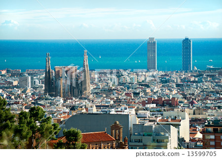 View of Sagrada Familia and port from Park Guell. Barcelona, Spa View of Sagrada Familia and port from Park Guell. Barcelona, Spa 13599705