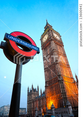 LONDON - MARCH 17: The Big Ben. The London 'Underground' logo wi 13600441