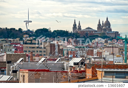 Barcelona at sunset, with the Telecommunication tower and the Mn Barcelona at sunset, with the Telecommunication tower and the Mn 13601607