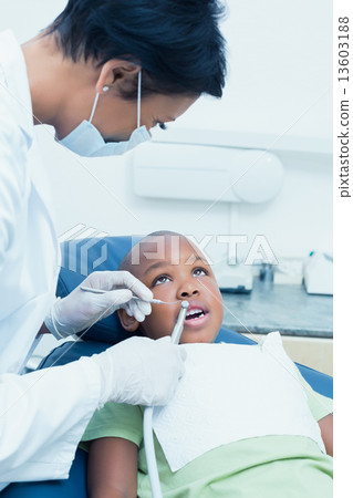 Female dentist examining boys teeth in dentists chair 13603188