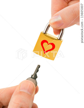 Man and woman hands with key and lock 13605807