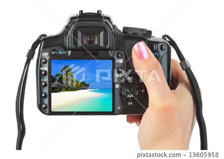 Camera in hand and beach landscape Camera in hand and beach landscape 13605958