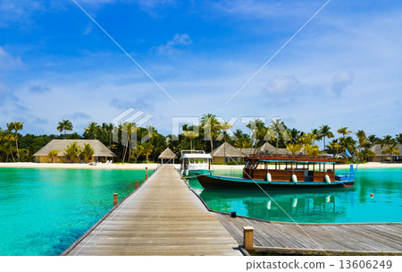 Boat moored at tropical island 13606249