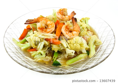 Stir-fried vegetables with shrimp on a plate. Stir-fried vegetables with shrimp on a plate. 13607439