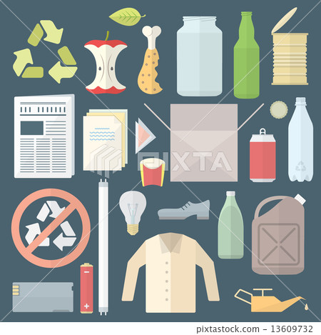 color flat style separated waste icons and signs 13609732