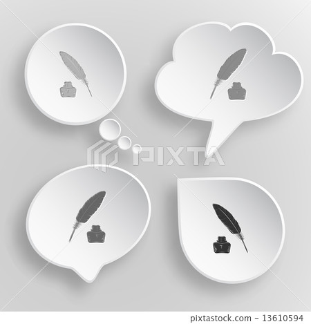 Feather and ink bottle. White flat vector buttons on gray backgr 13610594