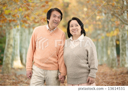 走在一條沿途有樹的大道的一對中年夫婦在秋天 13614531