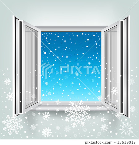 open window and falling snow 13619012