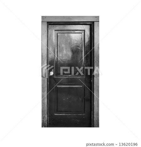 Old black wooden door isolated on white 13620196