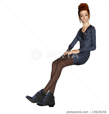 Female 3DCG illustration material of a sitting sweater dress 13620248