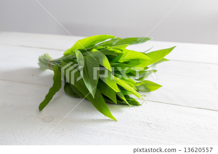 Fresh wild garlic on a wooden board 13620557