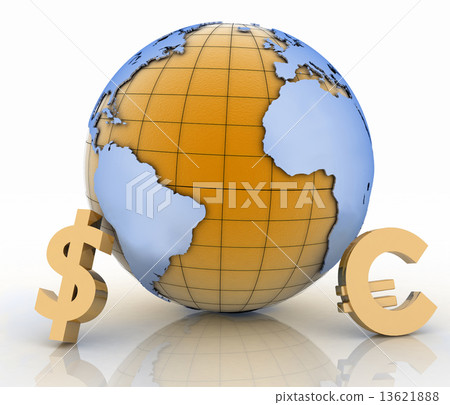 3d globe with gold currency symbols on white background 3d globe with gold currency symbols on white background 13621888