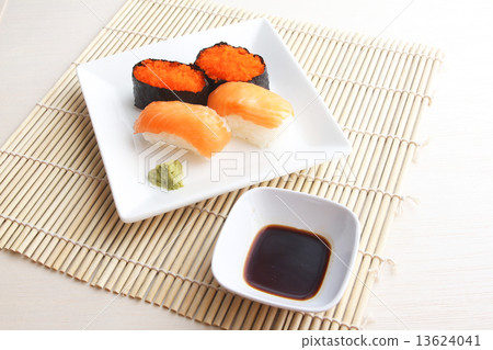 Salmon and flying fish roe sushi meal 13624041