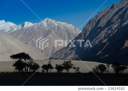 silhoulette nubra river in Nubra valley in Himalayas, Hunder, La silhoulette nubra river in Nubra valley in Himalayas, Hunder, La 13624582