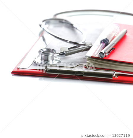 Stethoscope with red medical clipboard Stethoscope with red medical clipboard 13627119