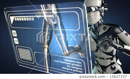 cyborg woman and hologram display 13627337