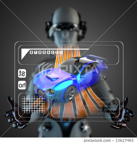 cyborg woman and hologram display 13627465