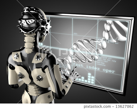 robot woman manipulating hologram displey 13627862