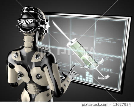 robot woman manipulating hologram displey robot woman manipulating hologram displey 13627924