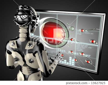 robot woman manipulating hologram displey 13627925