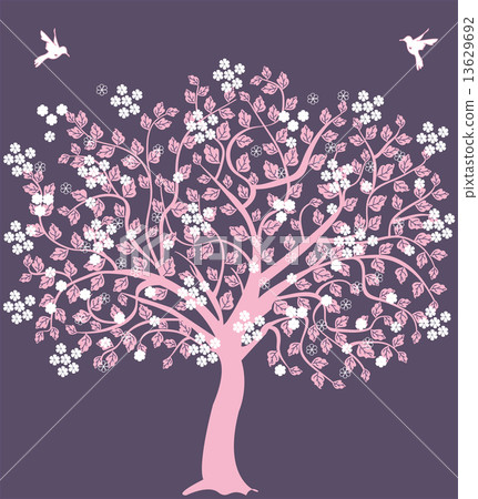 Pink tree with flowers and birds Pink tree with flowers and birds 13629692