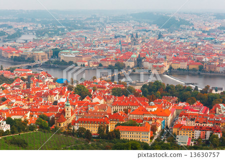 Aerial view over the Vltava River in Prague, Czech Republic 13630757