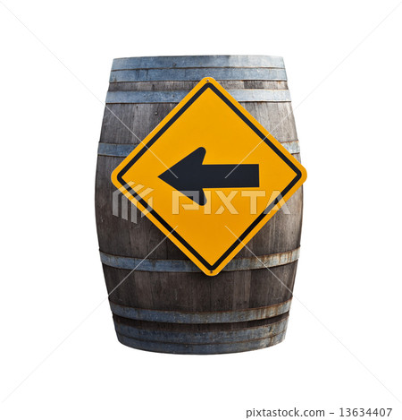 Big old wine barrel with traffic sign isolated on white backgrou 13634407