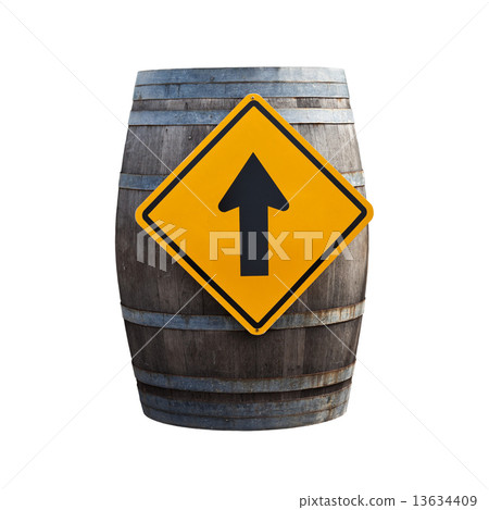 Big old wine barrel with traffic sign isolated on white backgrou Big old wine barrel with traffic sign isolated on white backgrou 13634409