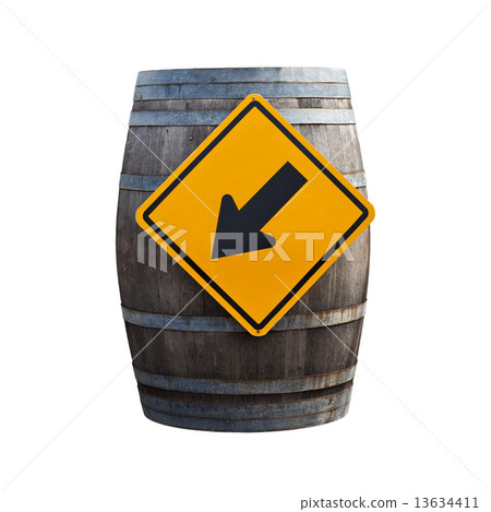 Big old wine barrel with traffic sign isolated on white backgrou Big old wine barrel with traffic sign isolated on white backgrou 13634411