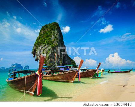 Long tail boat on beach, Thailand 13634413