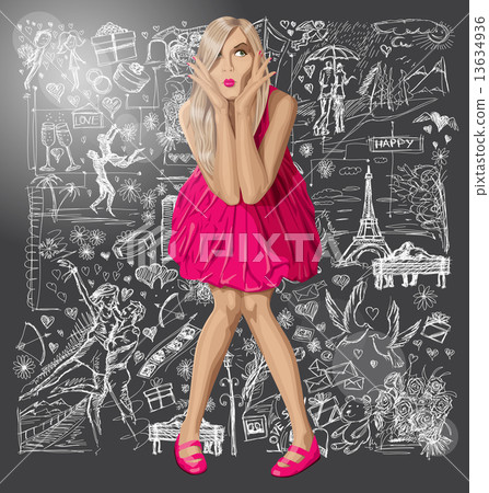Blonde In Pink Dress Against Love Background Blonde In Pink Dress Against Love Background 13634936