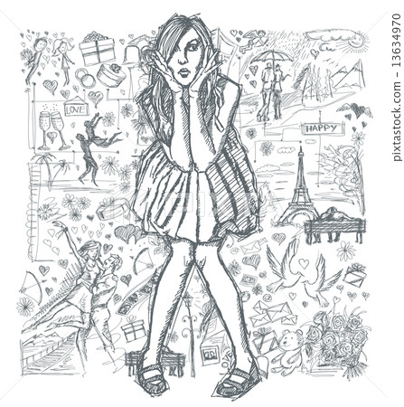 Sketch Surprised Woman In Dress Against Love Story Background 03 13634970