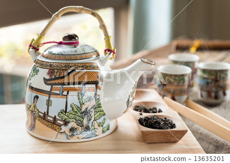 Antique Chinese tea set on wooden table 13635201