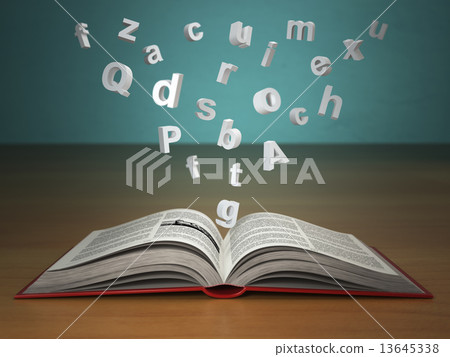 Open book with falling letters on green vintage background. 13645338