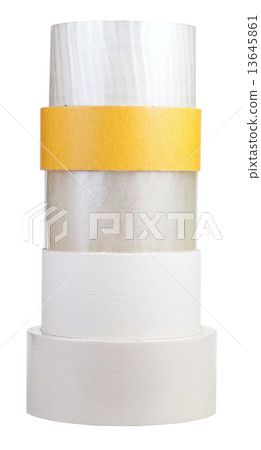 stack of self-stick tape rolls isolated on white 13645861