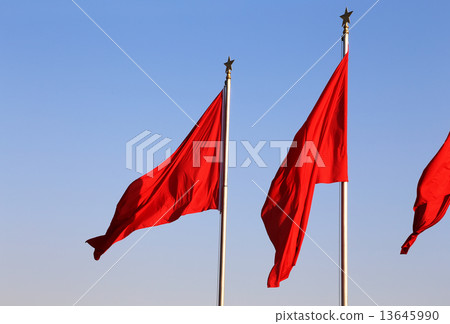Red flags on the Tiananmen Square -- is a large city square in the center of Beijing, China 13645990