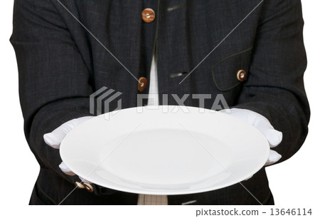 above view of empty white plate in hands in gloves 13646114