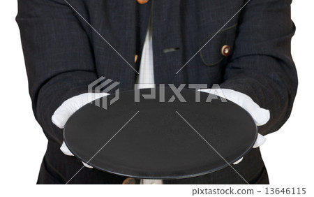 direct view of empty black plate in hand in gloves direct view of empty black plate in hand in gloves 13646115